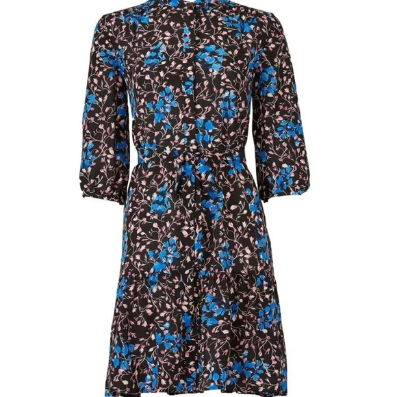 Saloni The Tyra Mini Dress Pure Silk Ruffled Drop Waist Floral Black Blue US 12 - Picture 3 of 13